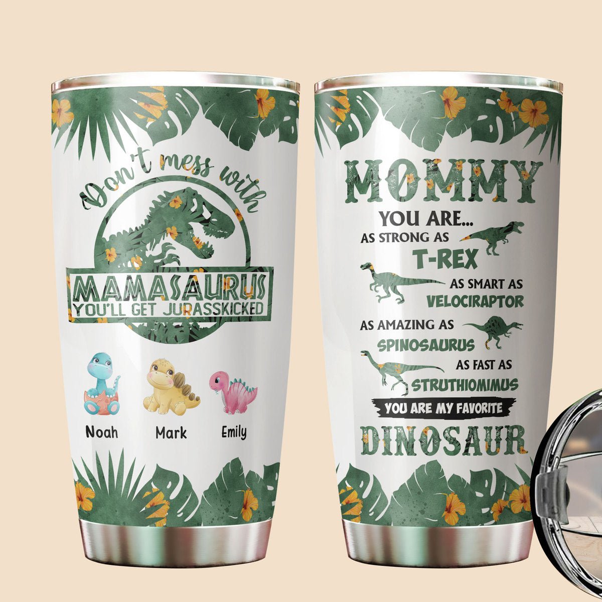 Personalized Tumbler - Mamasaurus With Green Tropical Pattern