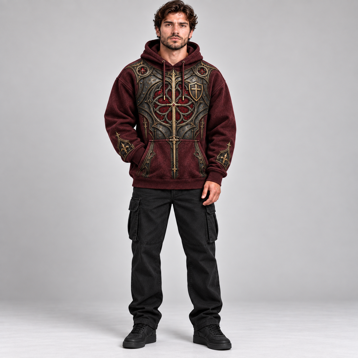 Stand Firm Ephesians 6:11 Christian Hoodie – Burgundy Gothic Armor