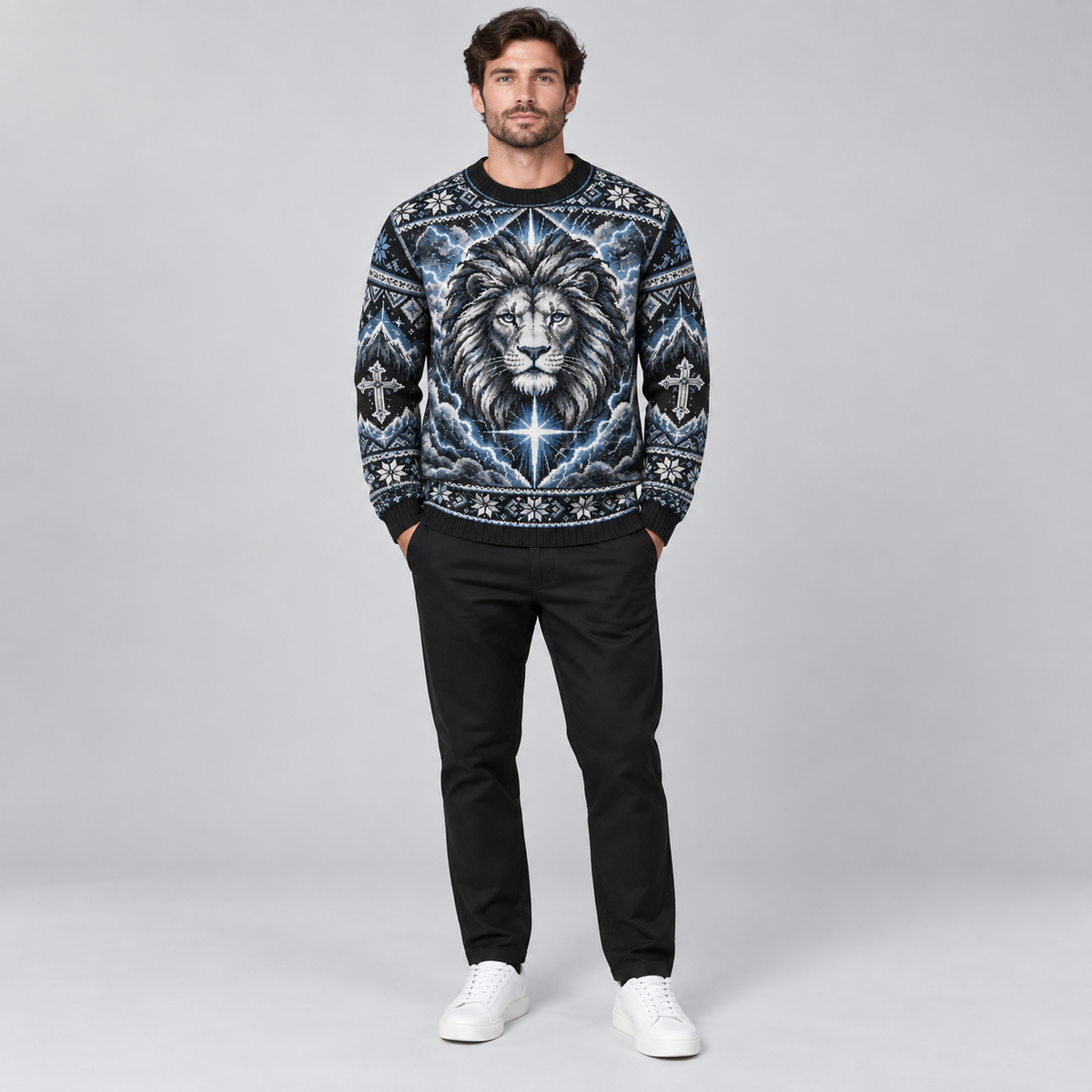 Lion of Judah Storm of Faith Black & Blue Christian Sweater