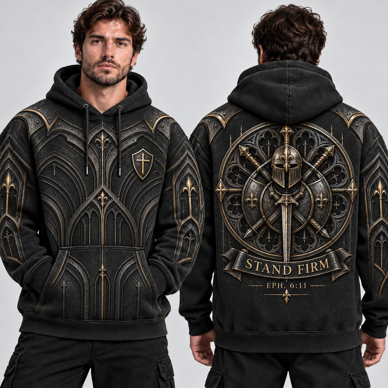 Gothic Guardian Armor of God Christian Hoodie – Black & Gold