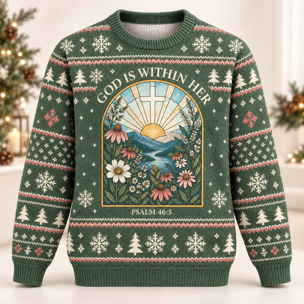 God Is Within Her Psalm 46:5 Christian Christmas Sweater – Stained Glass Sunrise