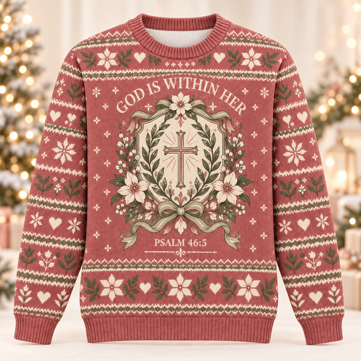 God Is Within Her Psalm 46:5 Christian Christmas Sweater – Vintage Floral Cross