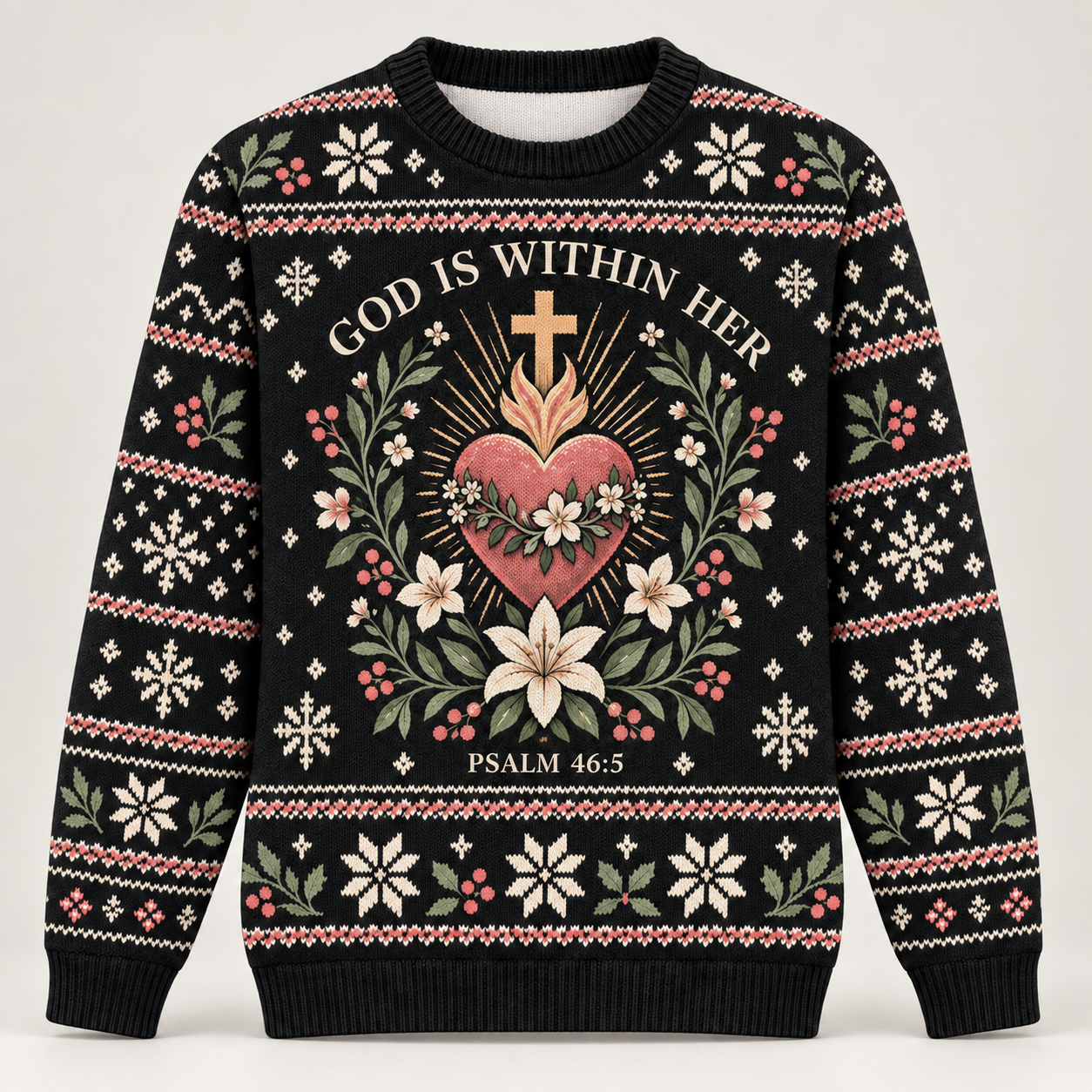 God Is Within Her Psalm 46:5 Christian Christmas Sweater – Sacred Heart