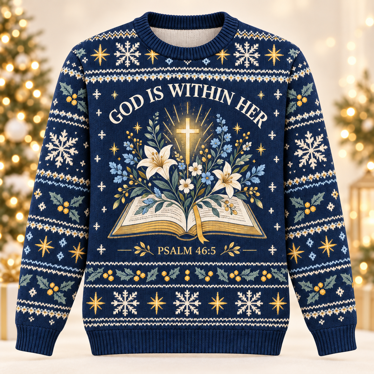 God Is Within Her Psalm 46:5 Christian Christmas Sweater – Bible & Lilies