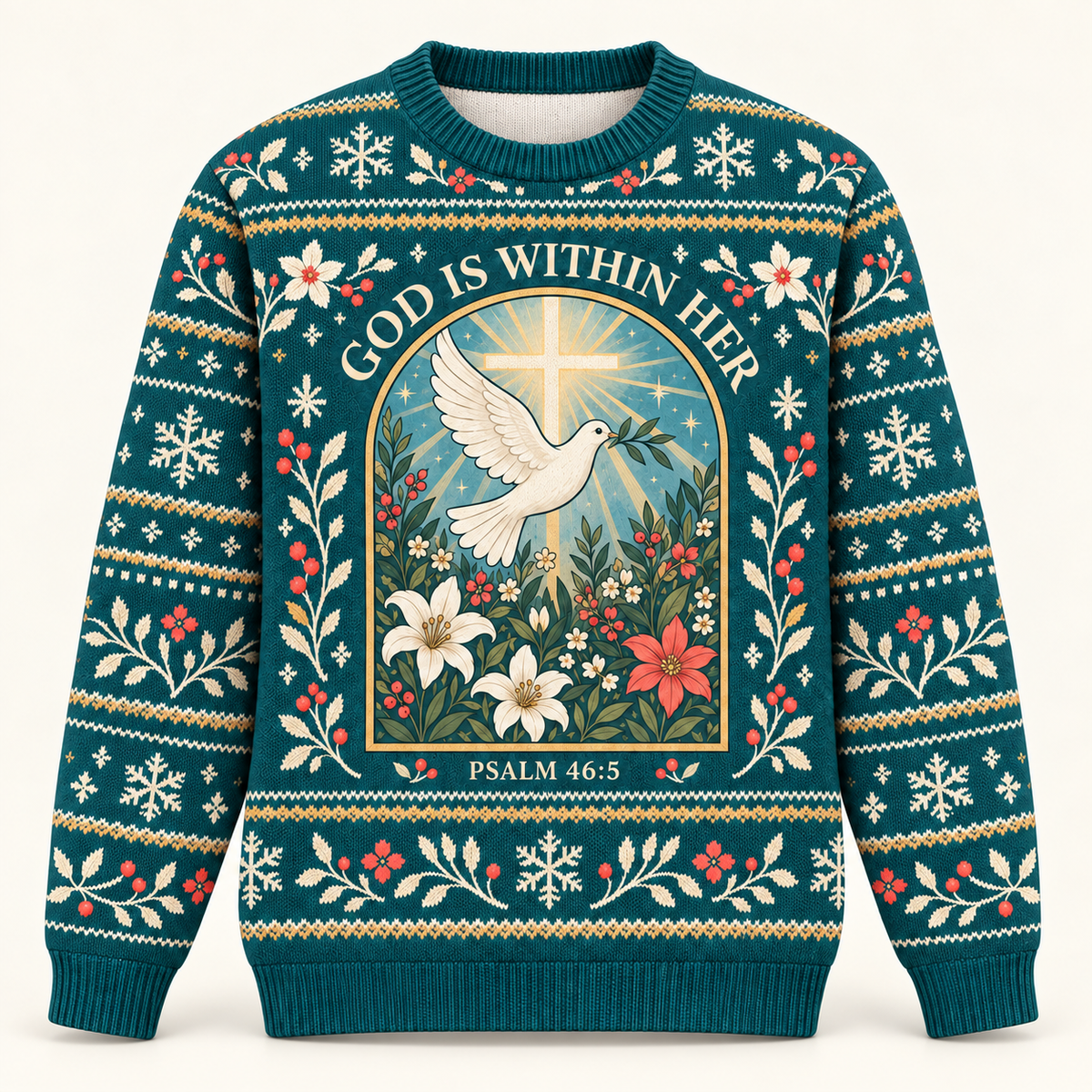 God Is Within Her Psalm 46:5 Christian Christmas Sweater – Dove of Peace