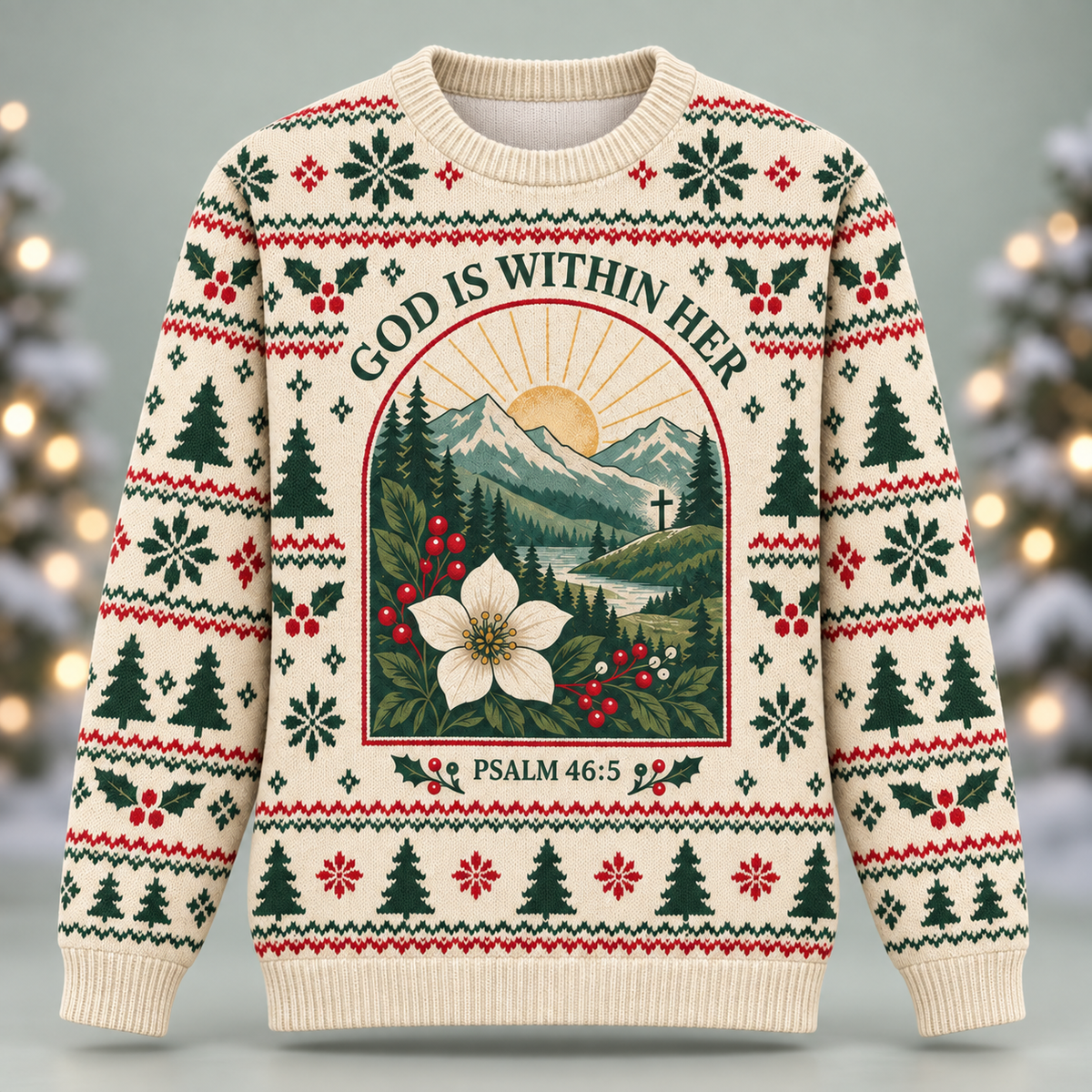 God Is Within Her Psalm 46:5 Christian Christmas Sweater – Mountain Sunrise