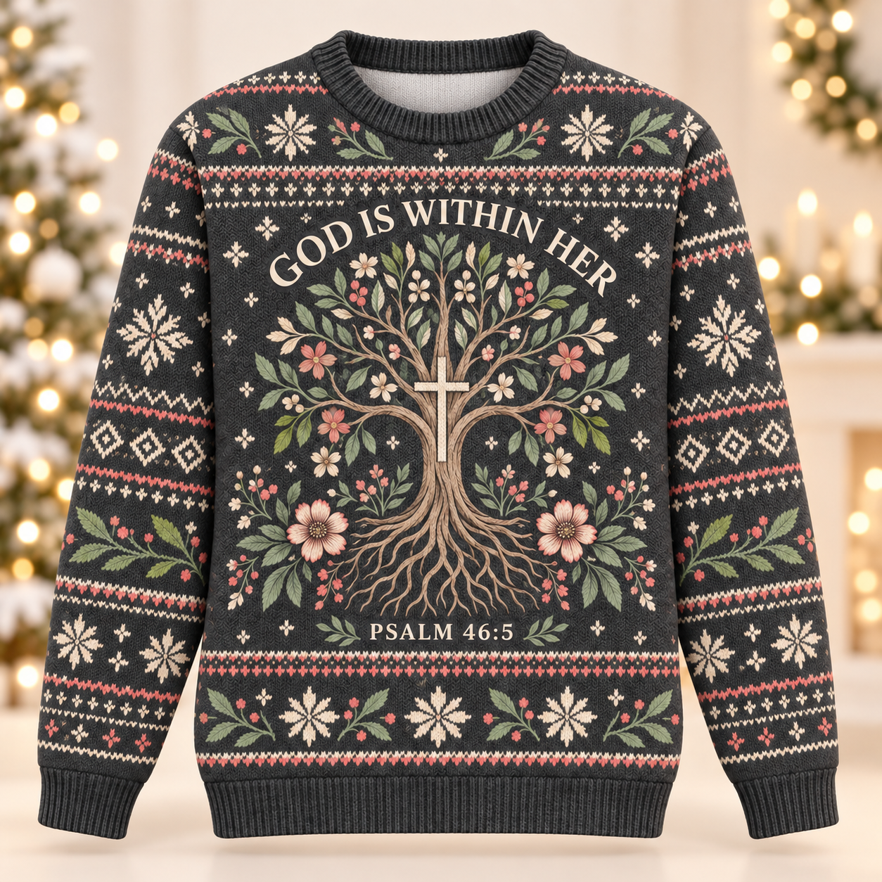 God Is Within Her Psalm 46:5 Christian Christmas Sweater – Tree of Faith
