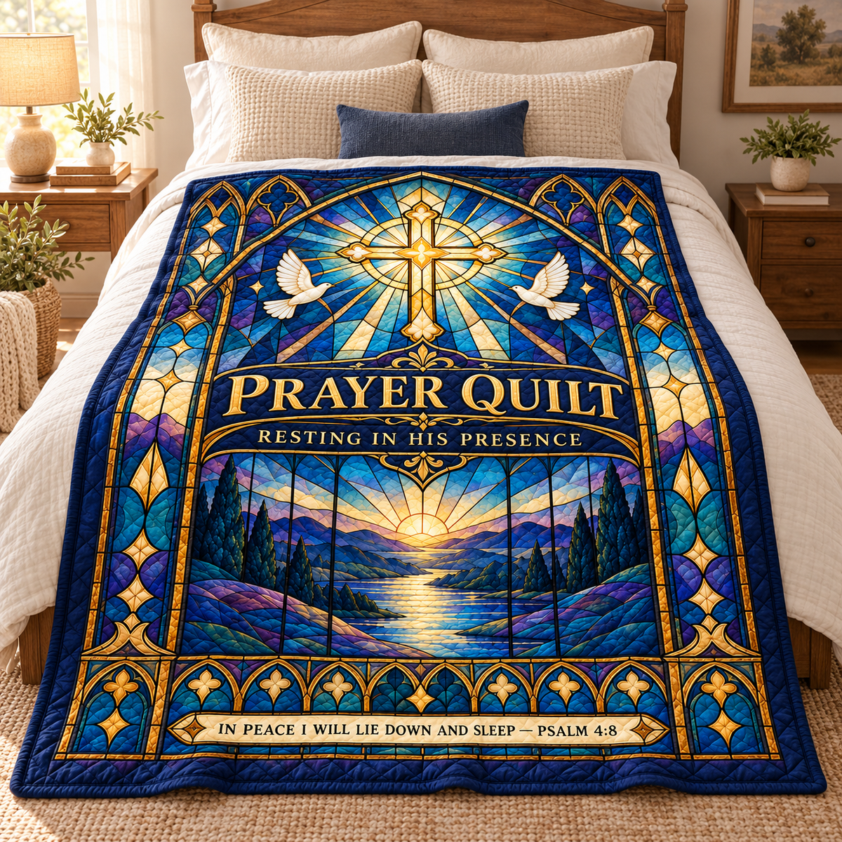 Prayer Quilt – Resting in His Presence Stained Glass Christian Blanket