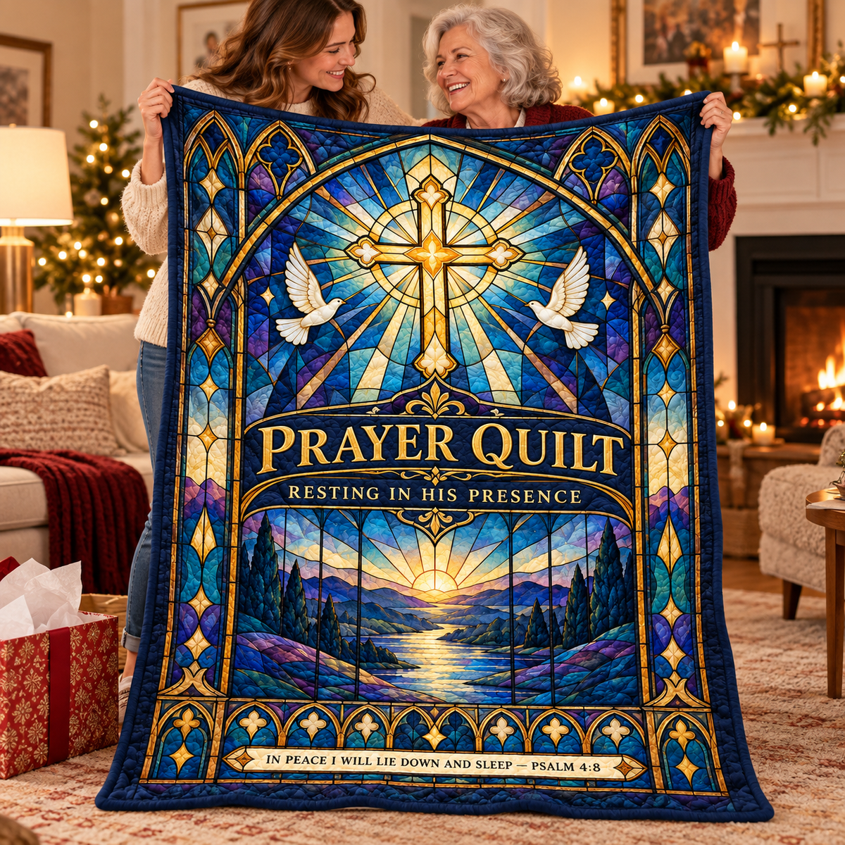 Prayer Quilt – Resting in His Presence Stained Glass Christian Blanket