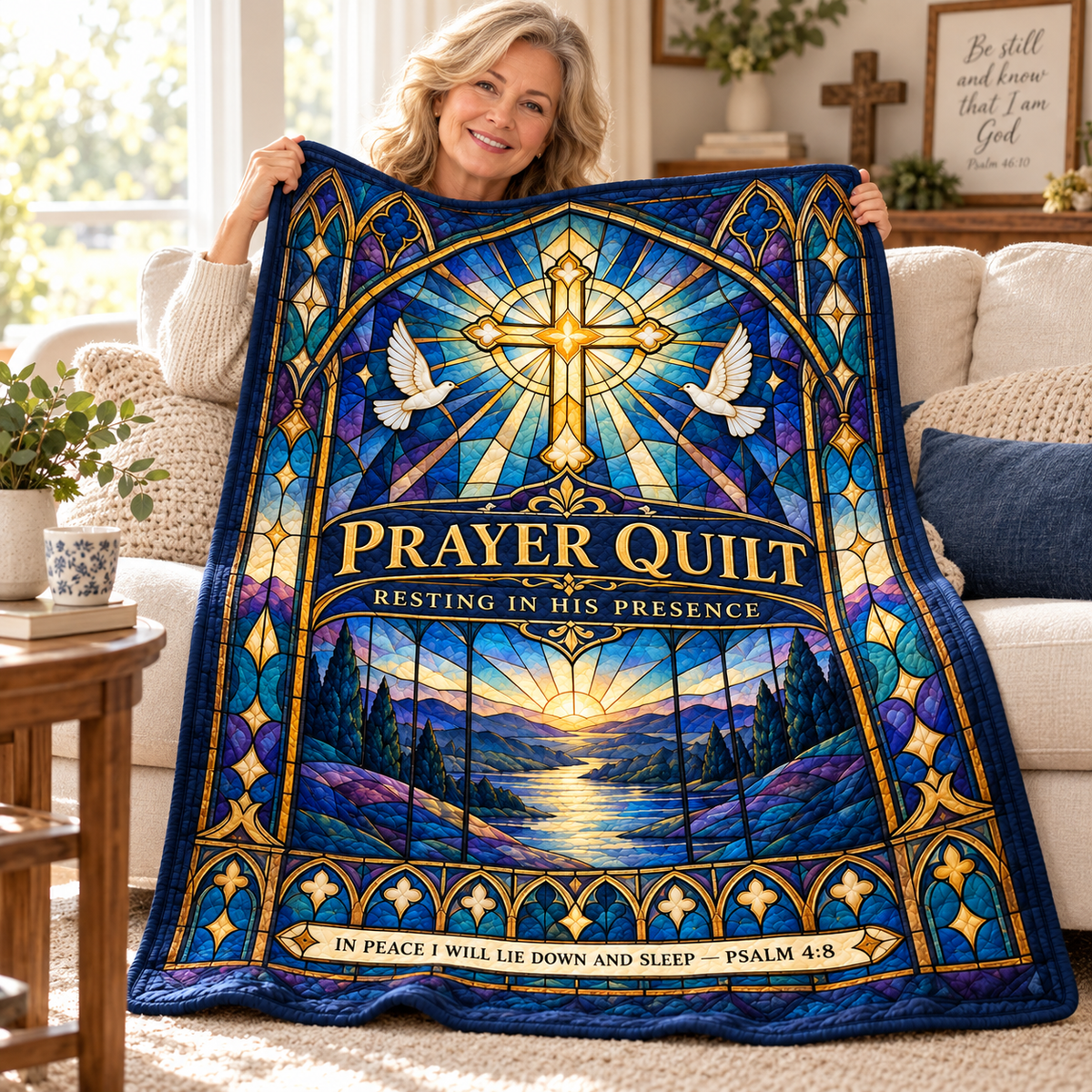 Prayer Quilt – Resting in His Presence Stained Glass Christian Blanket
