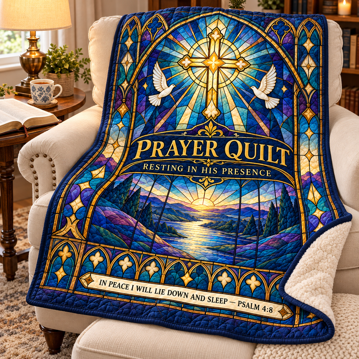 Prayer Quilt – Resting in His Presence Stained Glass Christian Blanket