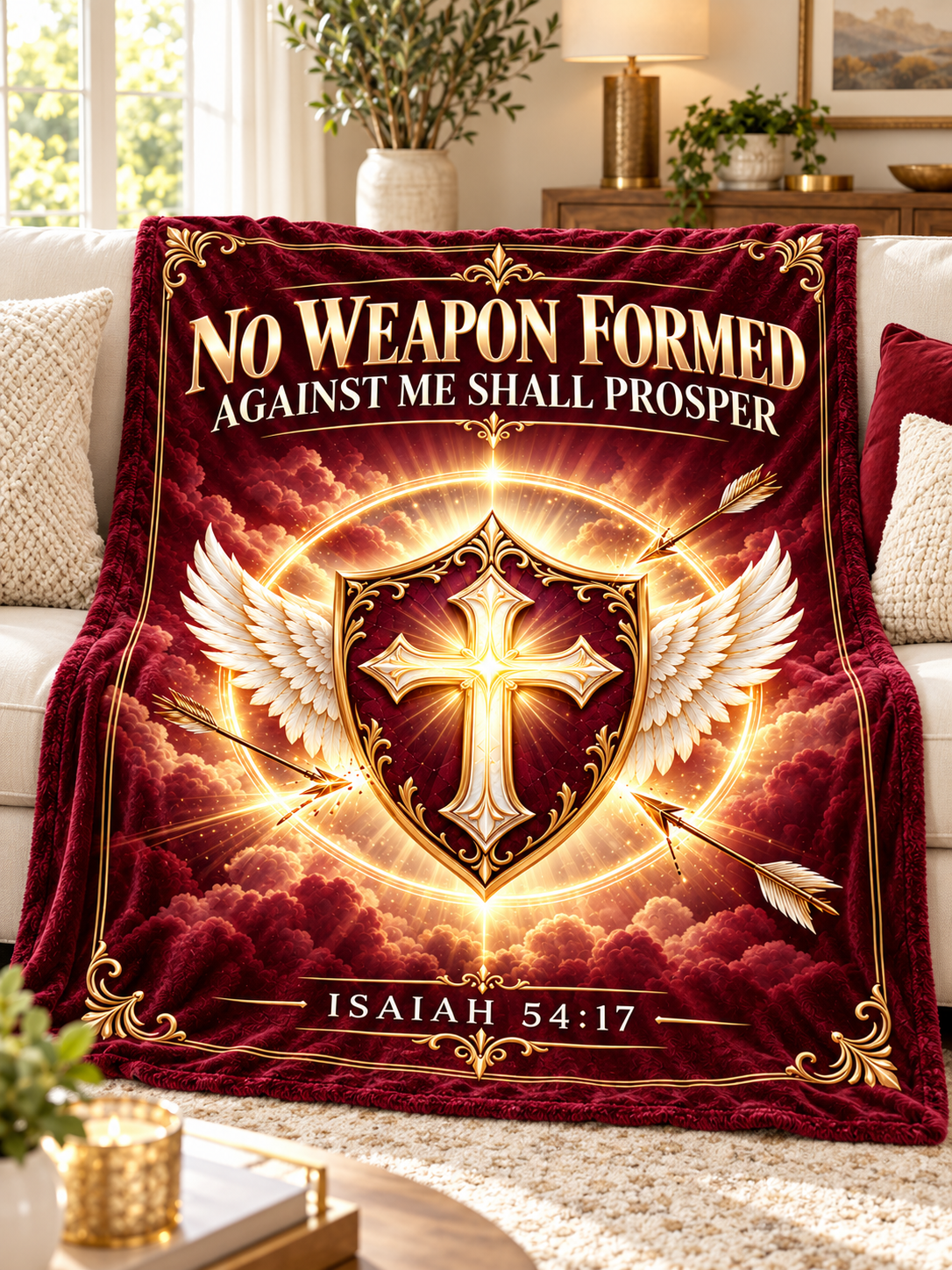 No Weapon Formed – Crowned Protection Burgundy Christian Blanket