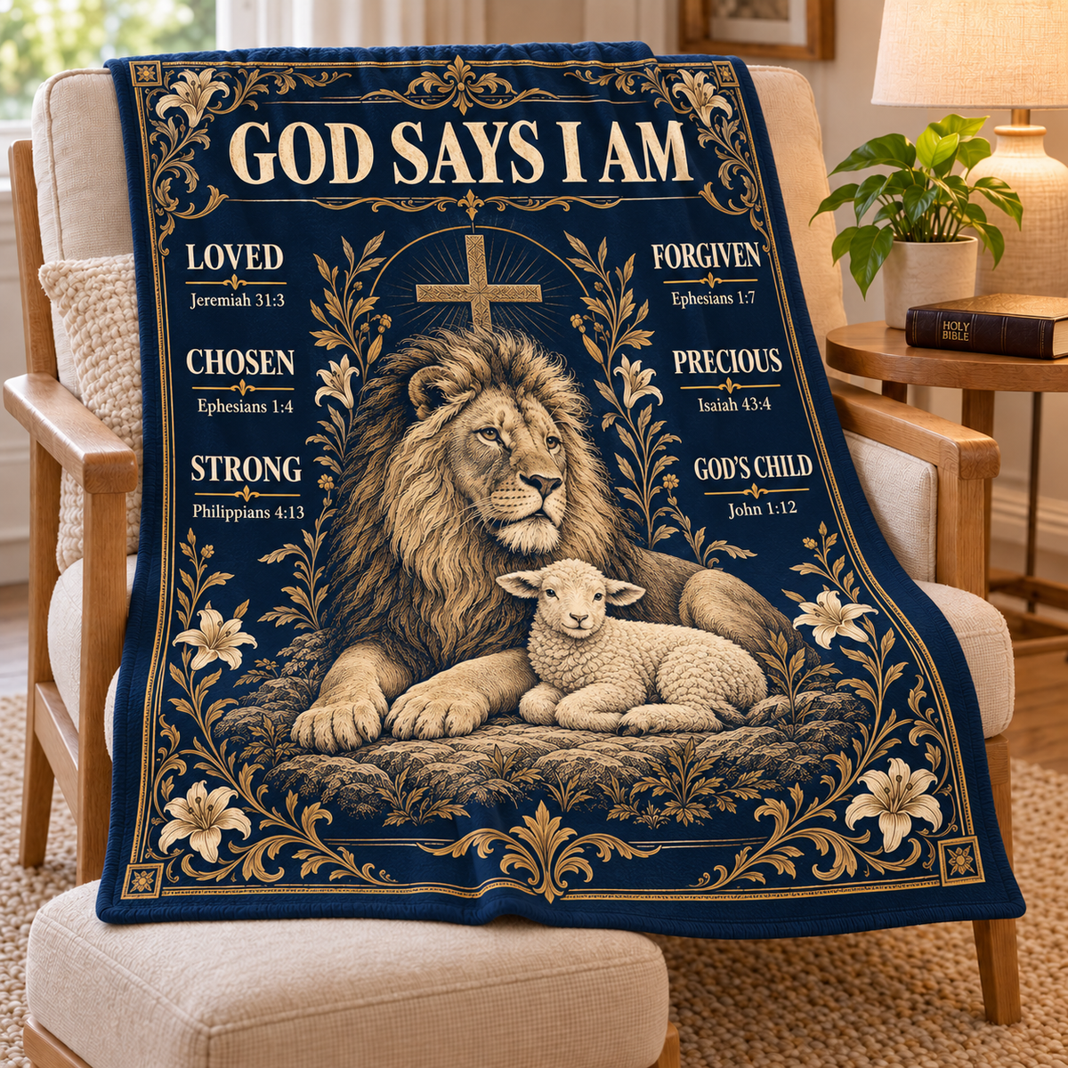 God Says I Am – Lion & Lamb Vintage Christian Blanket