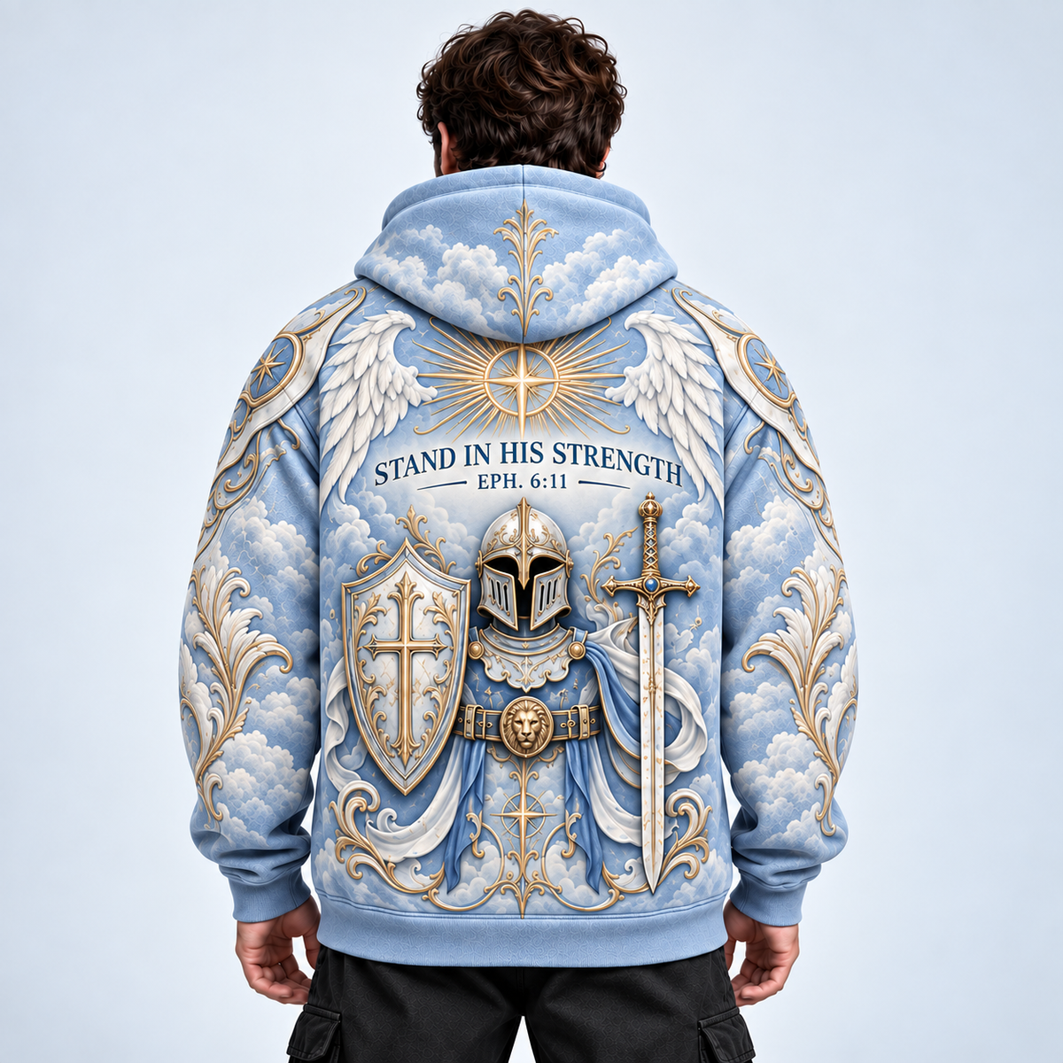Stand In His Strength Ephesians 6:11 Christian Hoodie – Celestial Blue