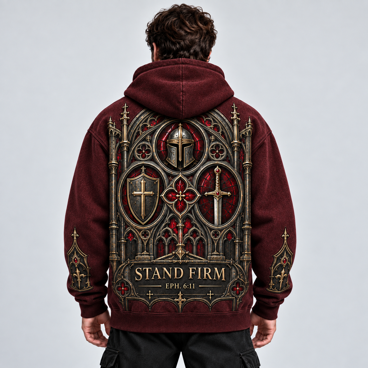 Stand Firm Ephesians 6:11 Christian Hoodie – Burgundy Gothic Armor