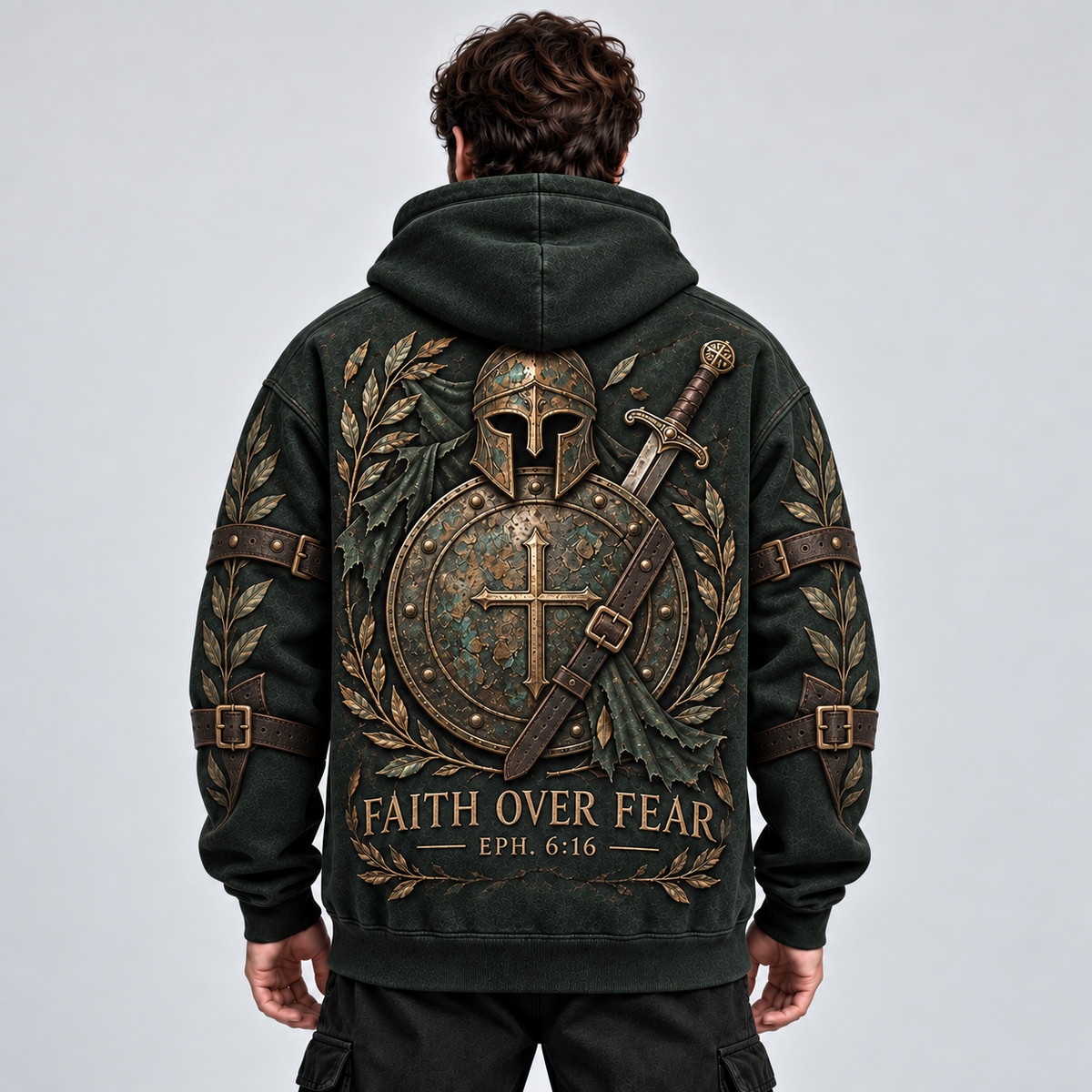 Faith Over Fear Ephesians 6:16 Christian Armor Hoodie – Forest Green