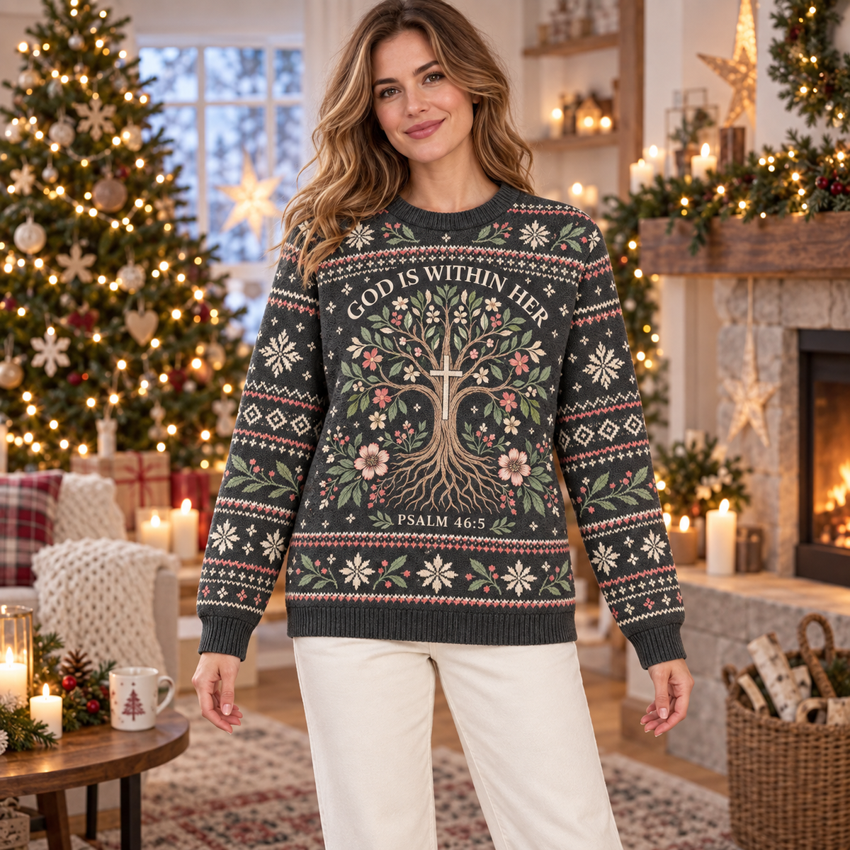 God Is Within Her Psalm 46:5 Christian Christmas Sweater – Tree of Faith