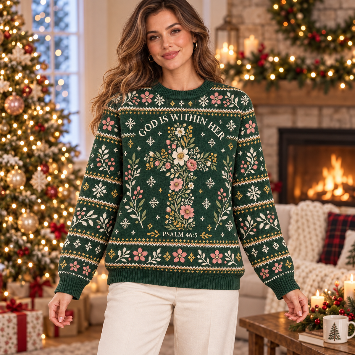 God Is Within Her Psalm 46:5 Christian Christmas Sweater – Floral Cross