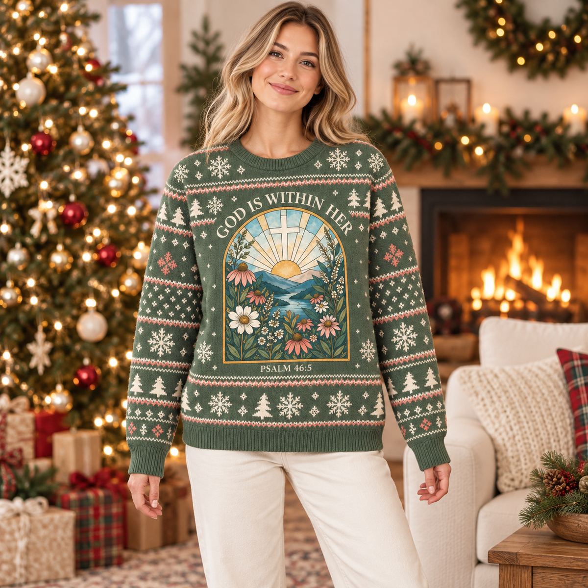 God Is Within Her Psalm 46:5 Christian Christmas Sweater – Stained Glass Sunrise