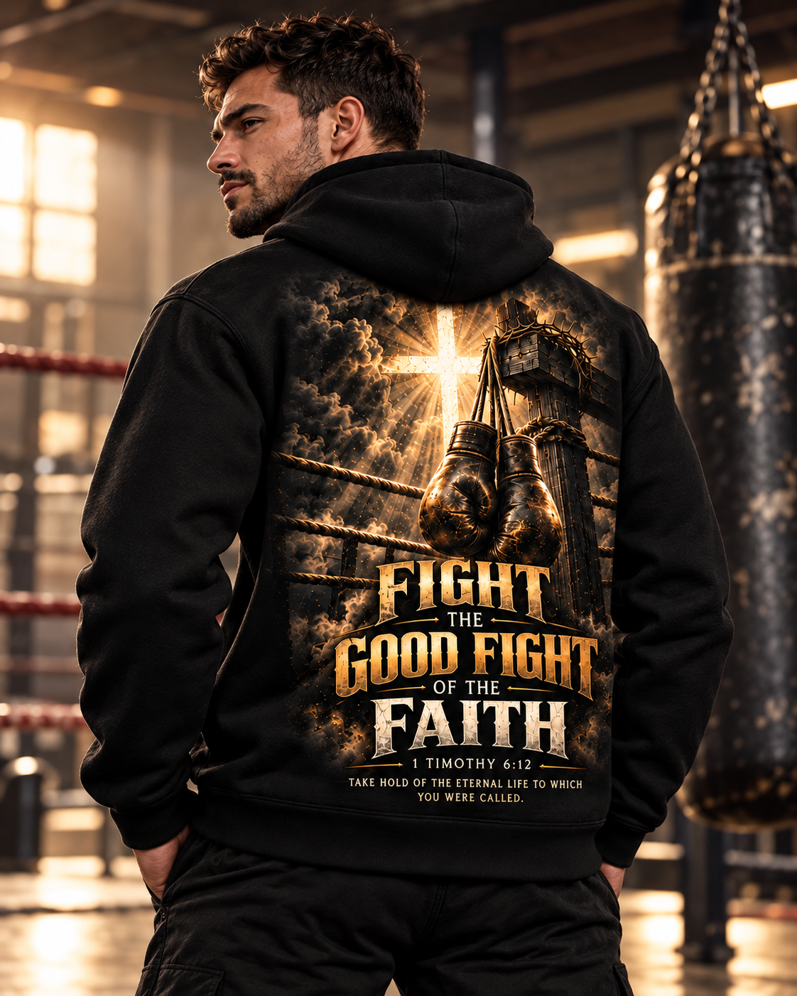 Fight the Good Fight – Golden Victory Black Christian Hoodie