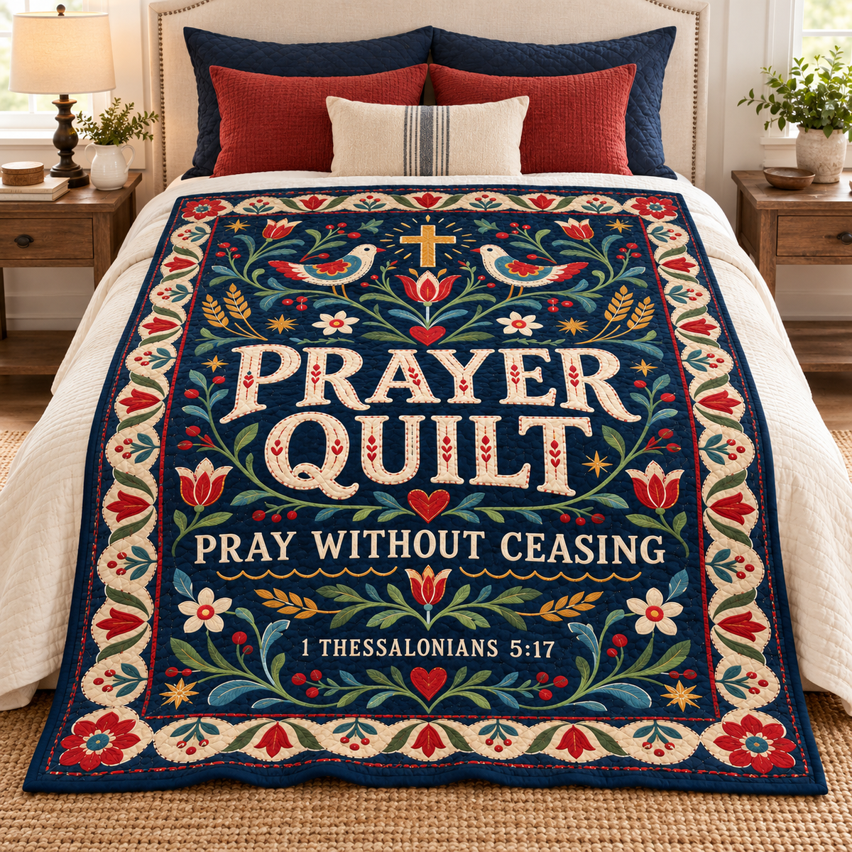 Prayer Quilt – Pray Without Ceasing Folk Art Christian Blanket