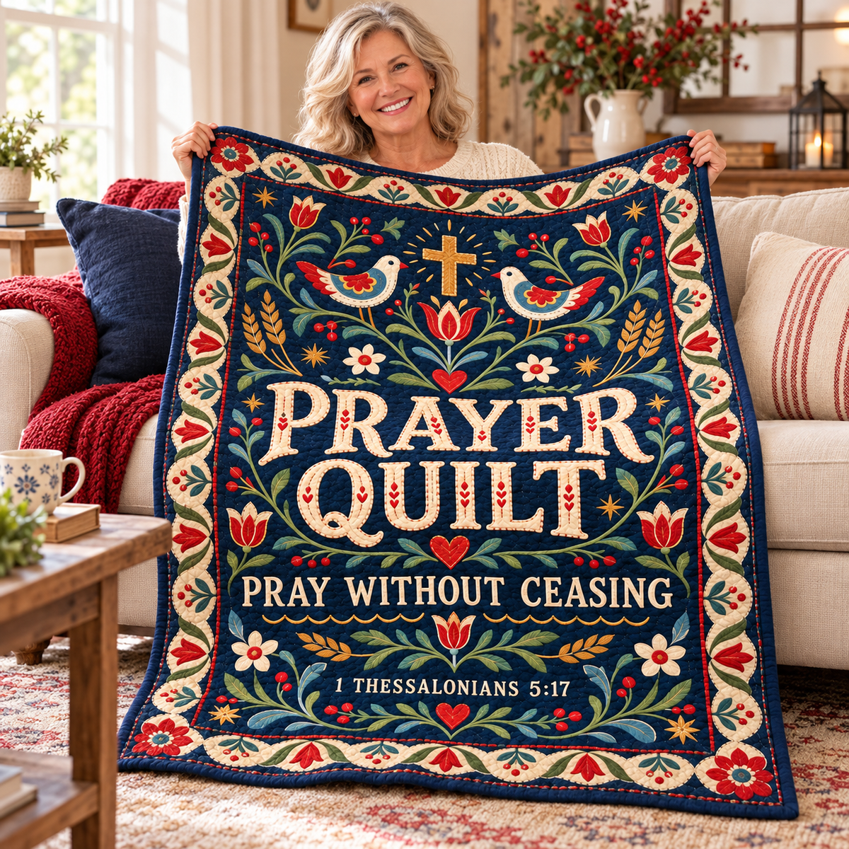 Prayer Quilt – Pray Without Ceasing Folk Art Christian Blanket