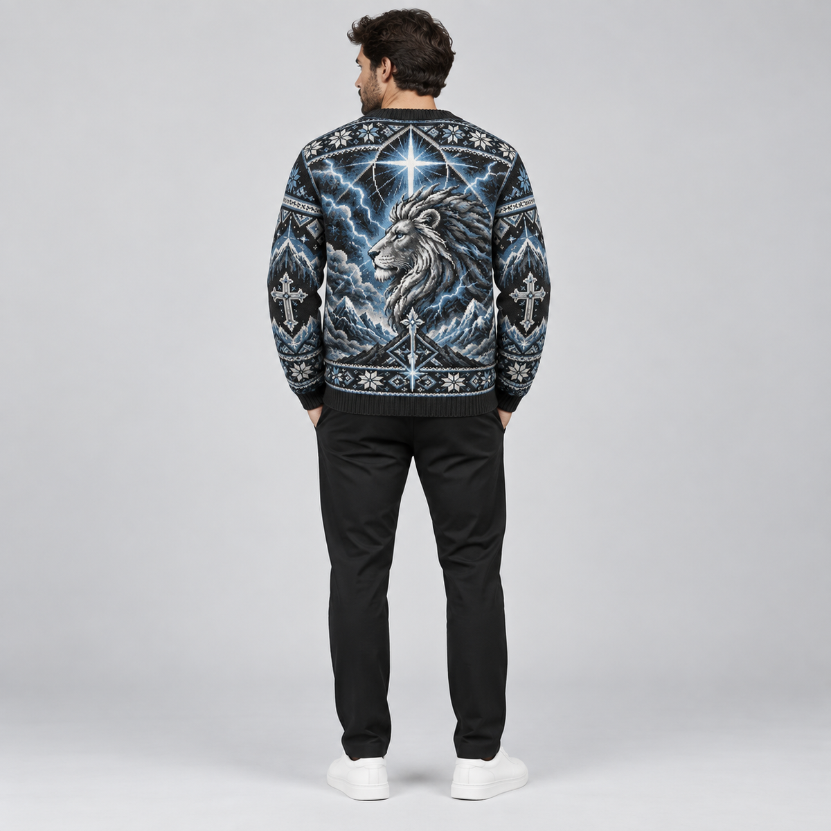 Lion of Judah Storm of Faith Black & Blue Christian Sweater