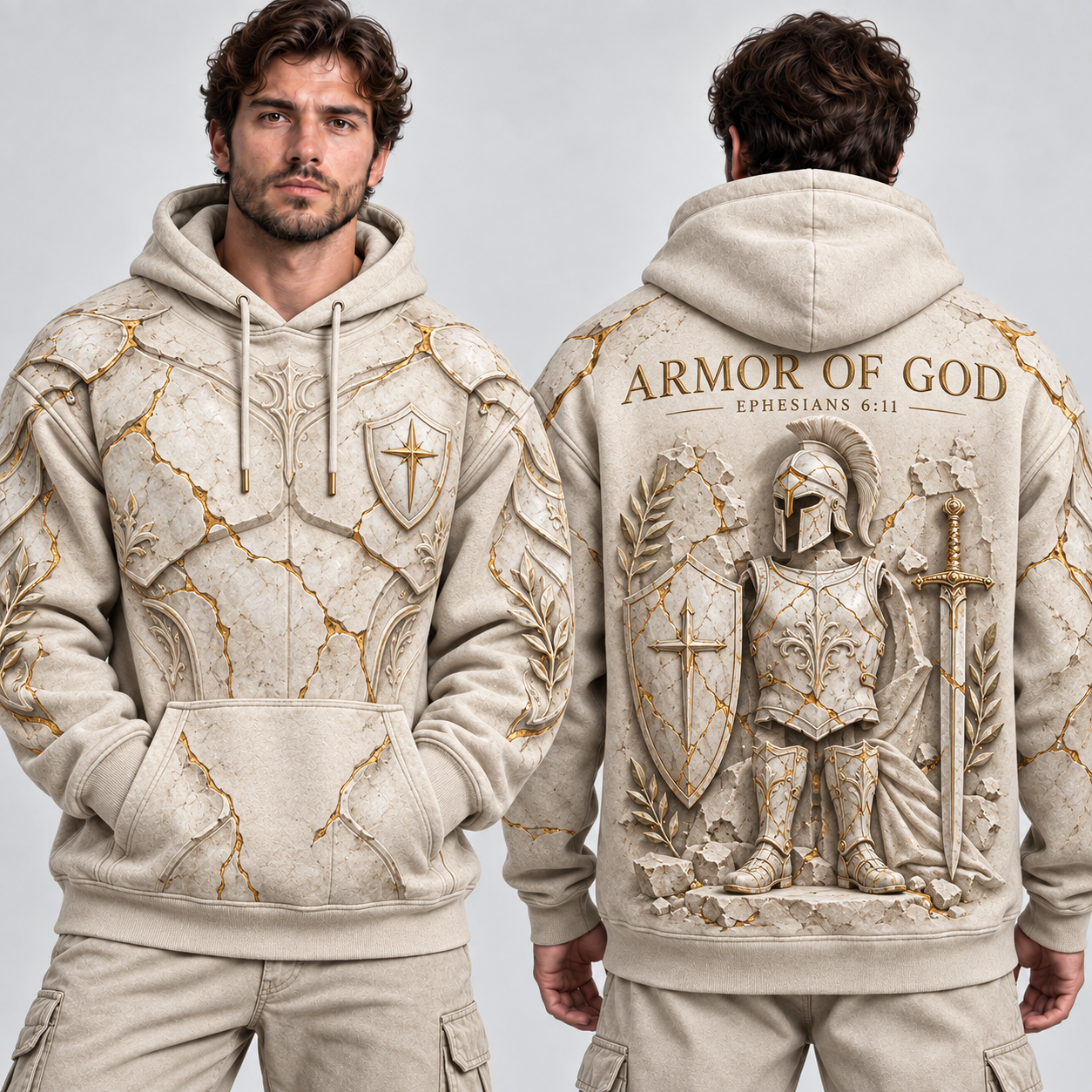 Armor of God Ephesians 6:11 Christian Hoodie – Ivory & Gold