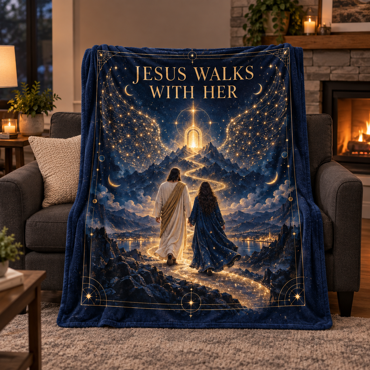 Jesus Walks With Her – Celestial Night Christian Blanket