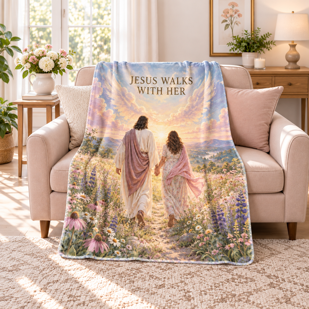 Jesus Walks With Her – Wildflower Christian Blanket
