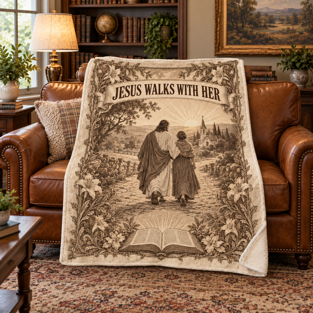 Jesus Walks With Her – Vintage Faith Christian Blanket