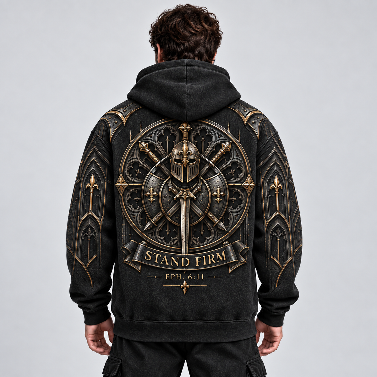 Gothic Guardian Armor of God Christian Hoodie – Black & Gold