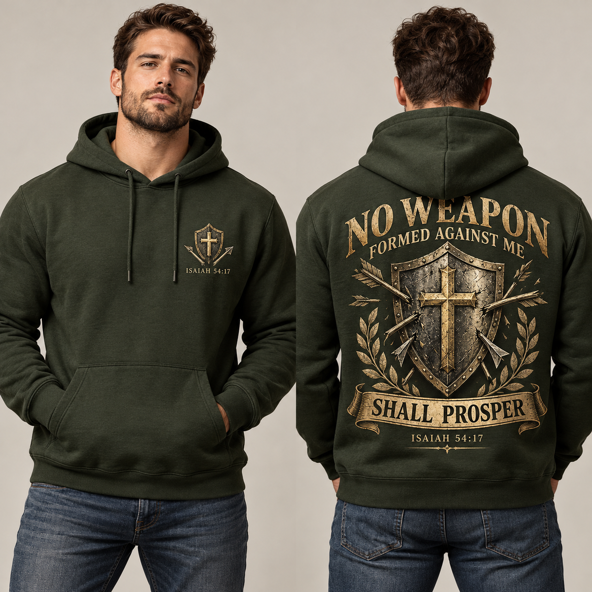 No Weapon Formed – Shield of Victory Olive Green Christian Hoodie