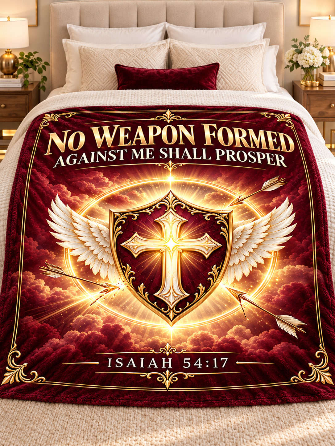 No Weapon Formed – Crowned Protection Burgundy Christian Blanket