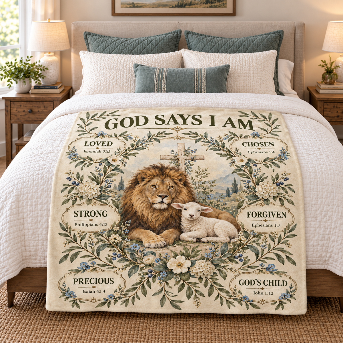God Says I Am – Botanical Lion & Lamb Scripture Blanket