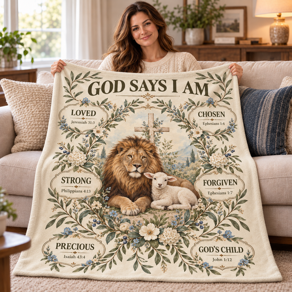 God Says I Am – Botanical Lion & Lamb Scripture Blanket