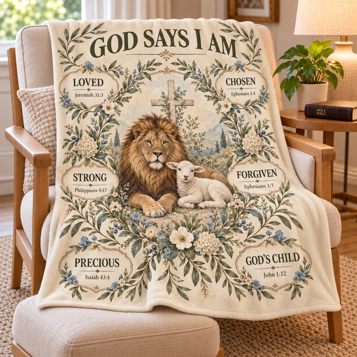 God Says I Am – Botanical Lion & Lamb Scripture Blanket