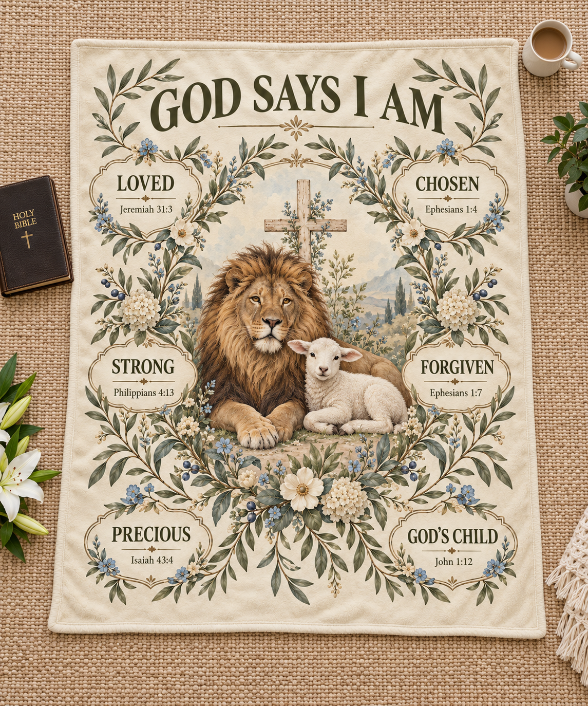 God Says I Am – Botanical Lion & Lamb Scripture Blanket