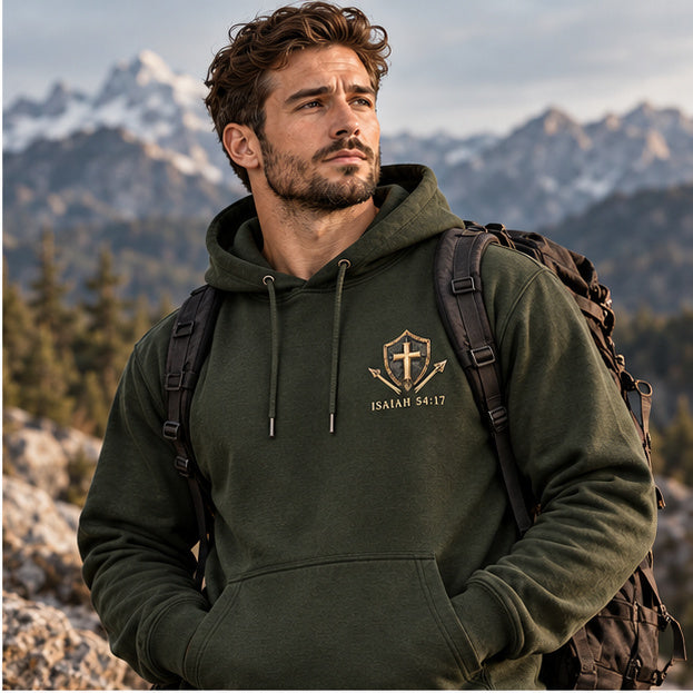 No Weapon Formed – Shield of Victory Olive Green Christian Hoodie