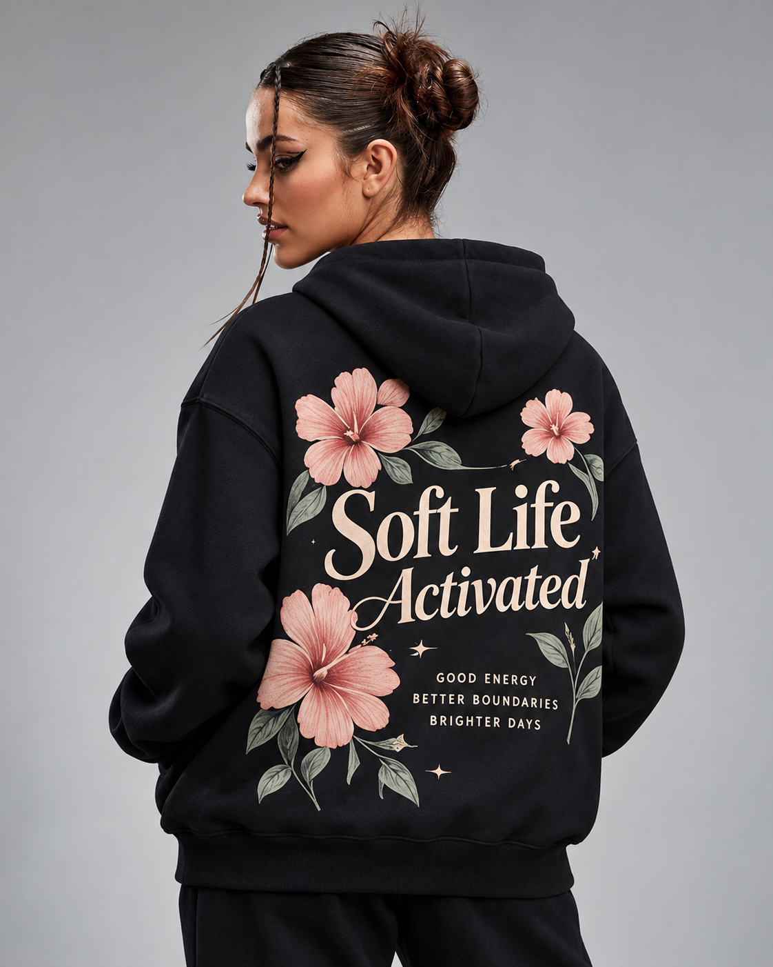 Soft Life Activated – Midnight Bloom Oversized Hoodie