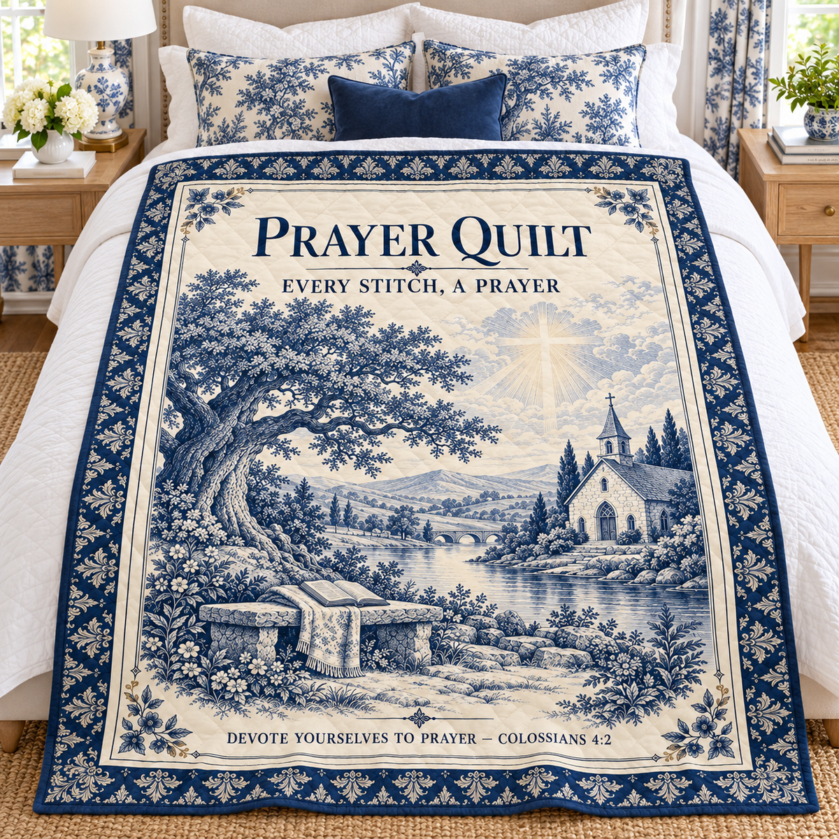 Prayer Quilt – Every Stitch, a Prayer Blue Willow Christian Blanket
