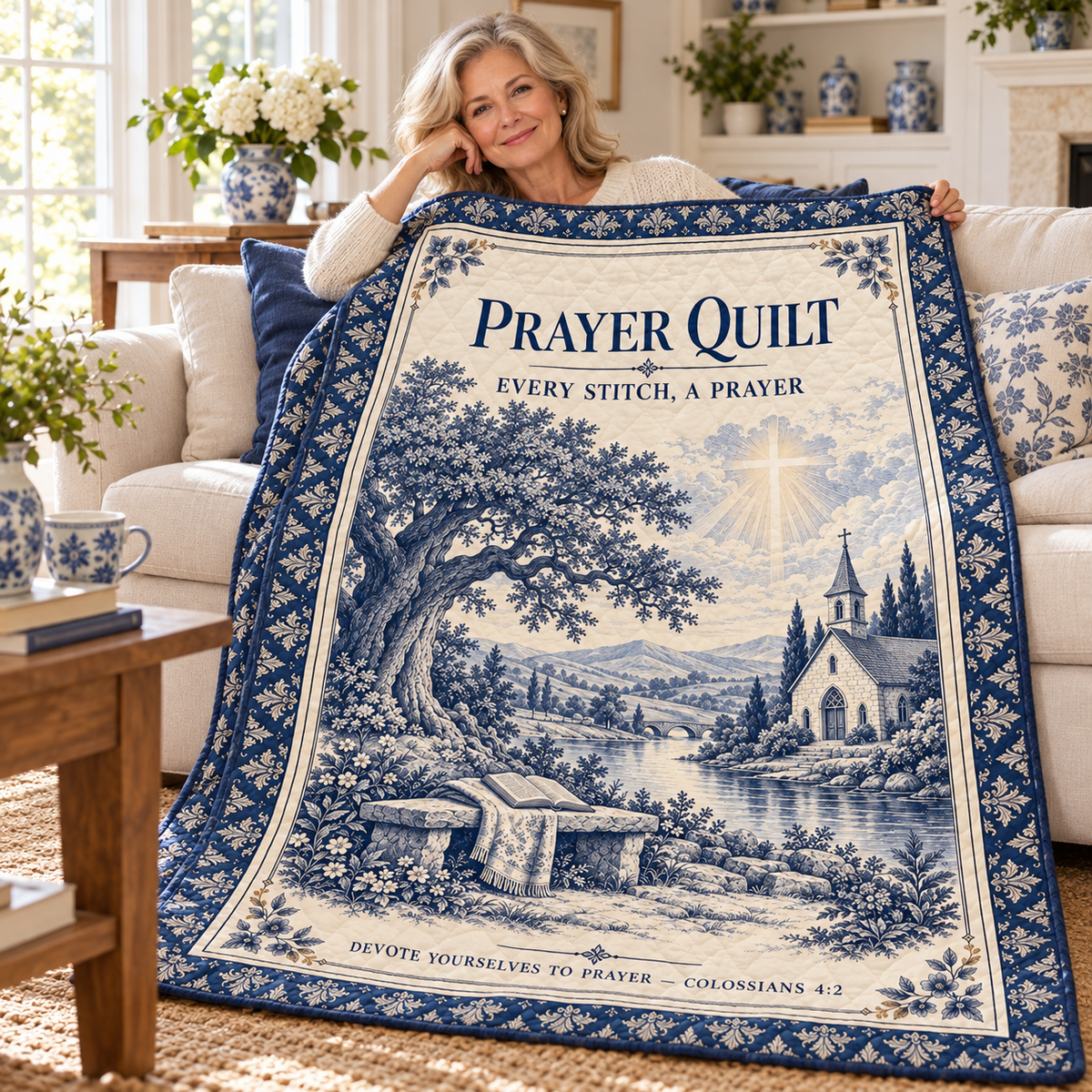 Prayer Quilt – Every Stitch, a Prayer Blue Willow Christian Blanket