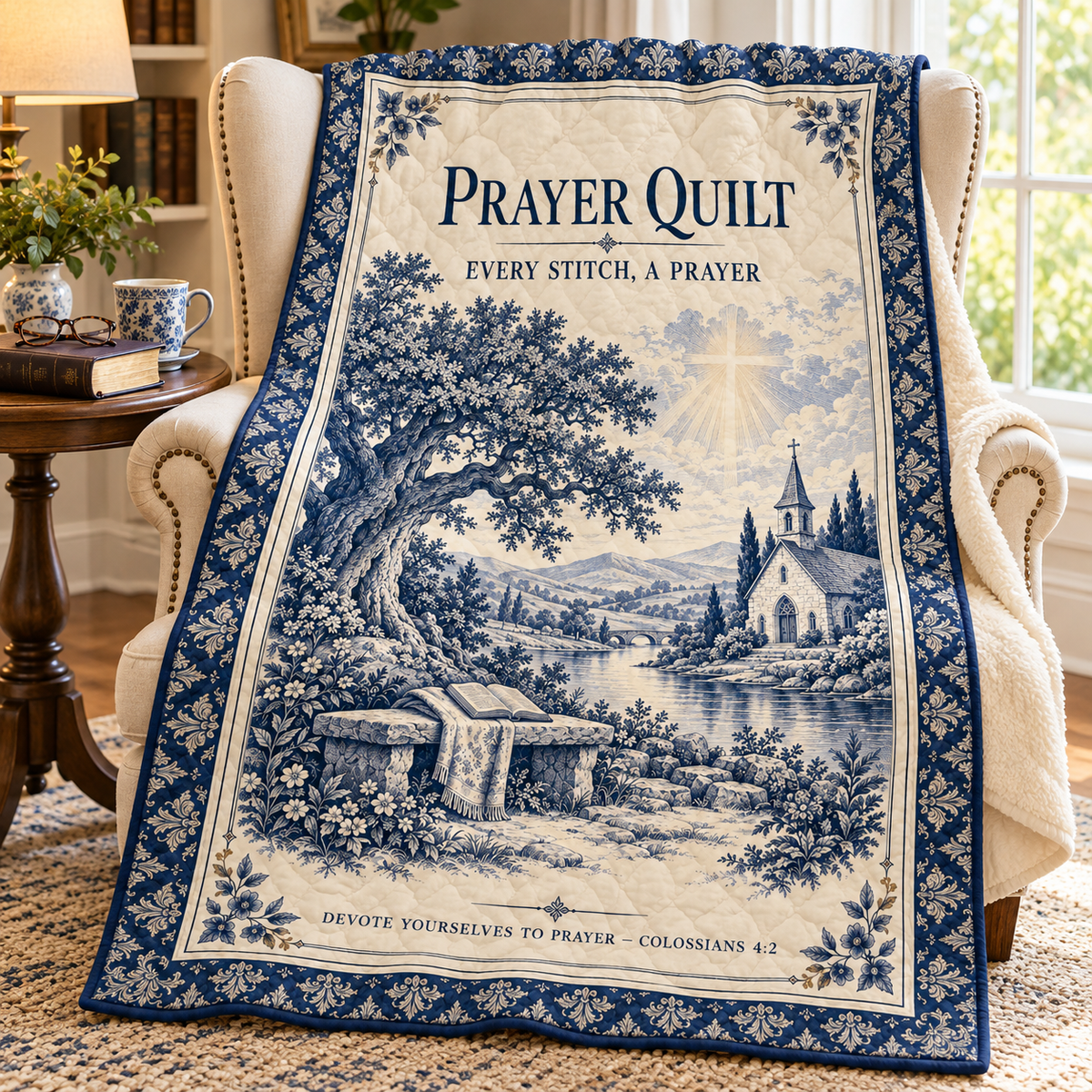 Prayer Quilt – Every Stitch, a Prayer Blue Willow Christian Blanket
