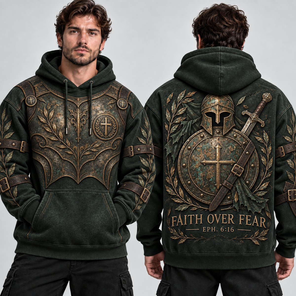 Faith Over Fear Ephesians 6:16 Christian Armor Hoodie – Forest Green