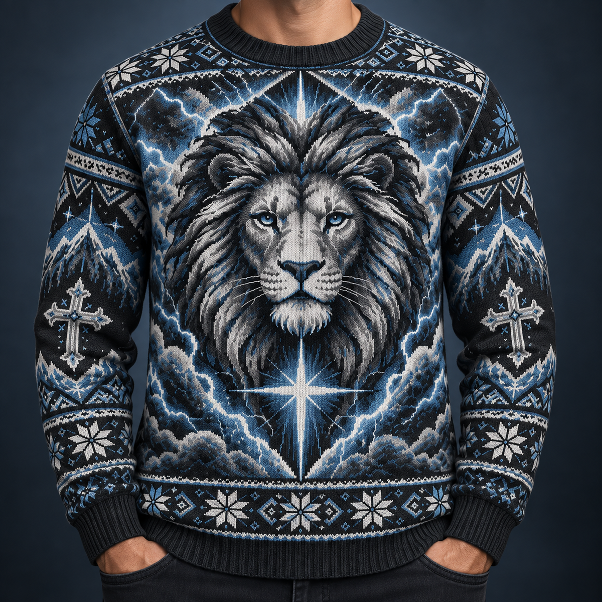 Lion of Judah Storm of Faith Black & Blue Christian Sweater