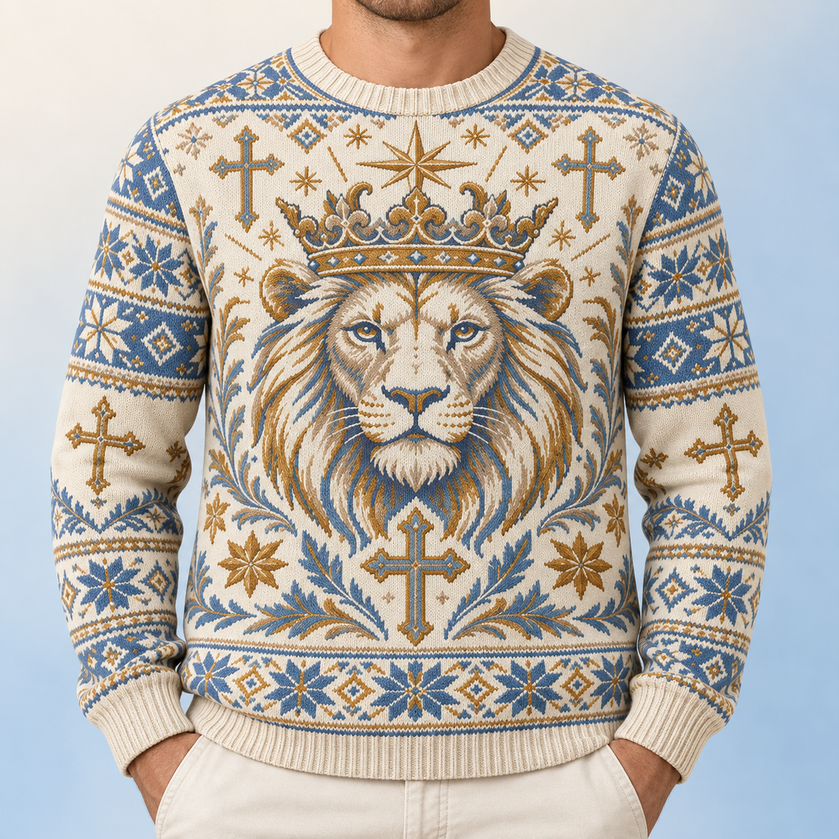 Lion of Judah Heavenly Blue Christian Knitted Sweater