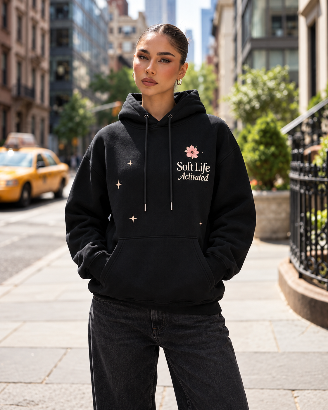 Soft Life Activated – Midnight Bloom Oversized Hoodie