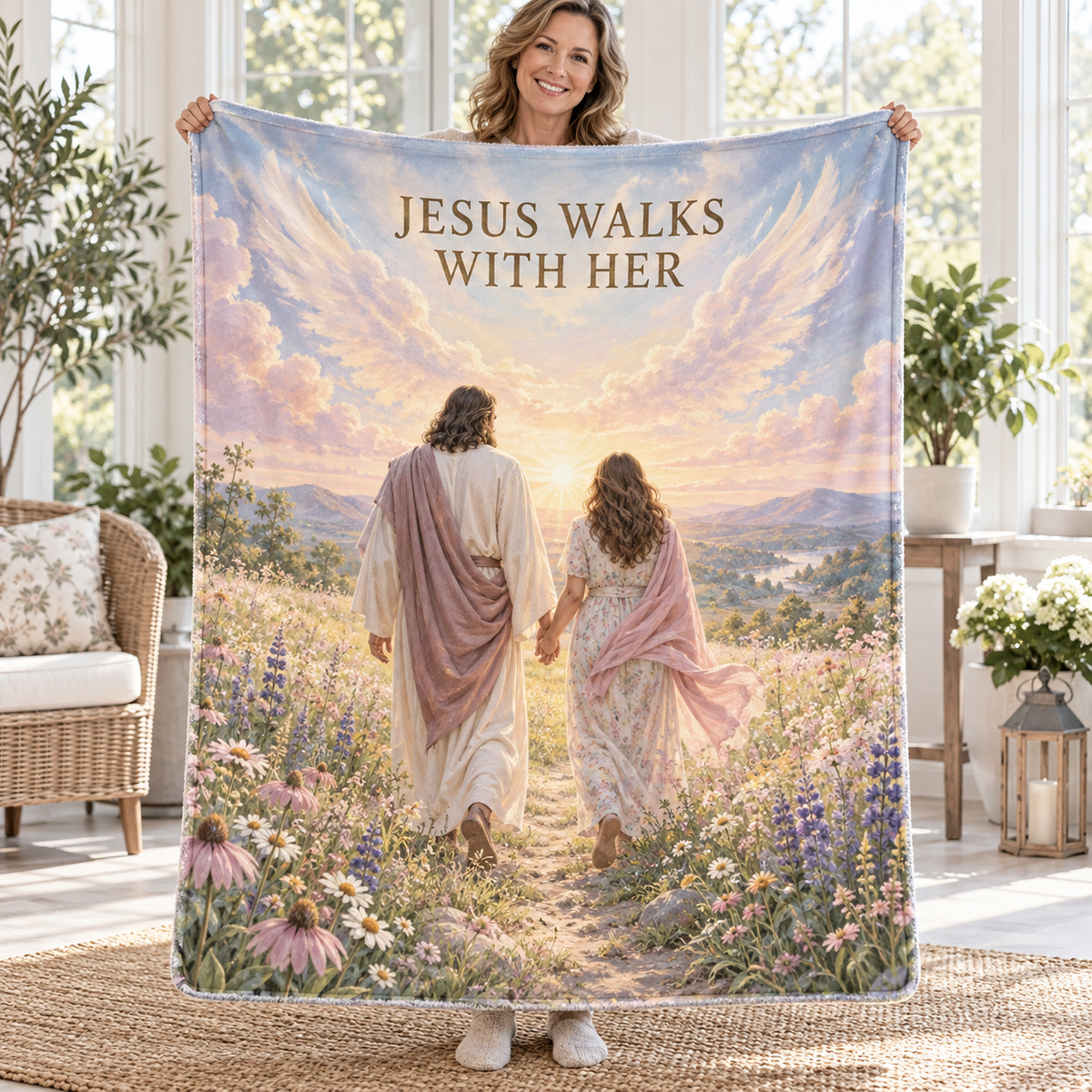Jesus Walks With Her – Wildflower Christian Blanket