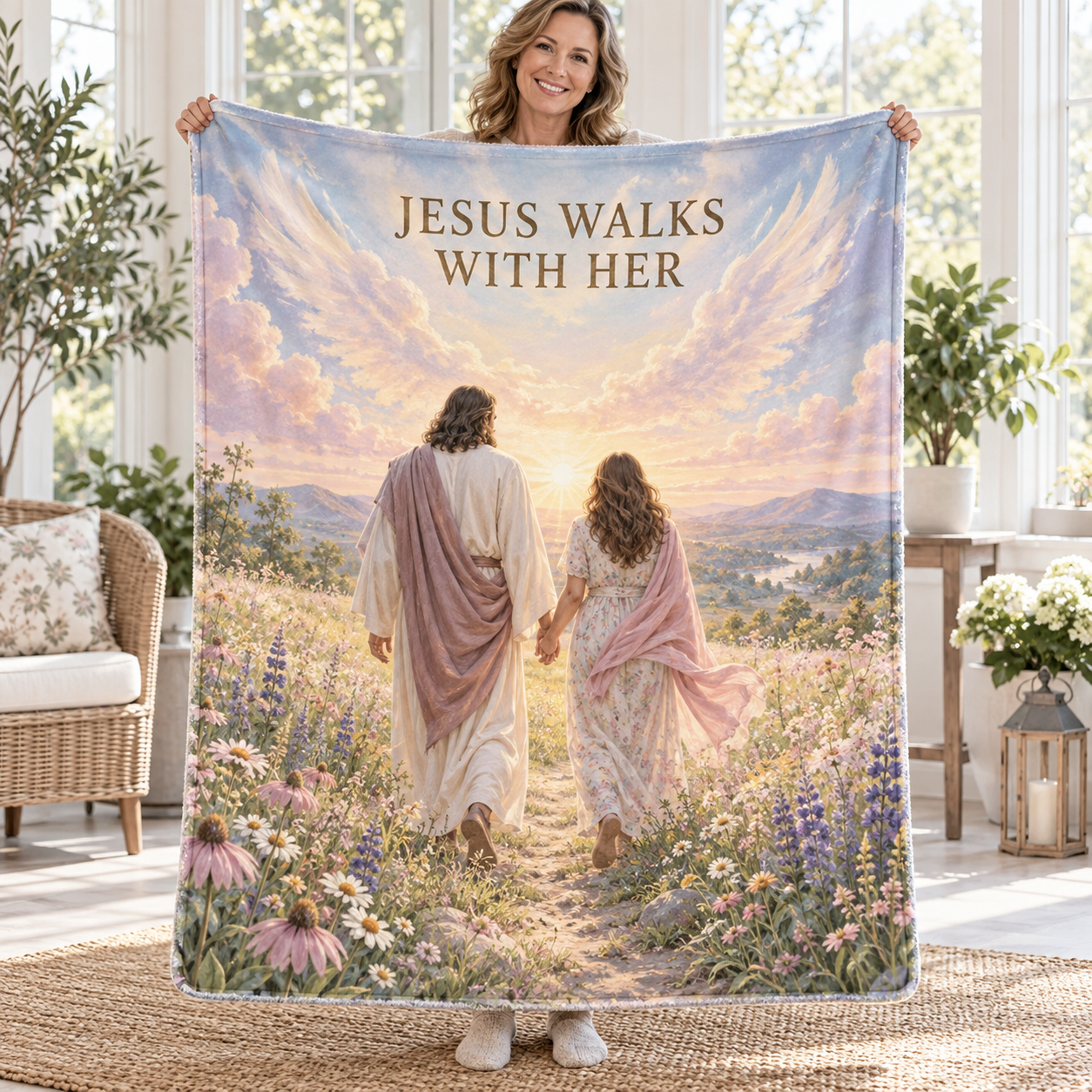 Jesus Walks With Her – Wildflower Christian Blanket