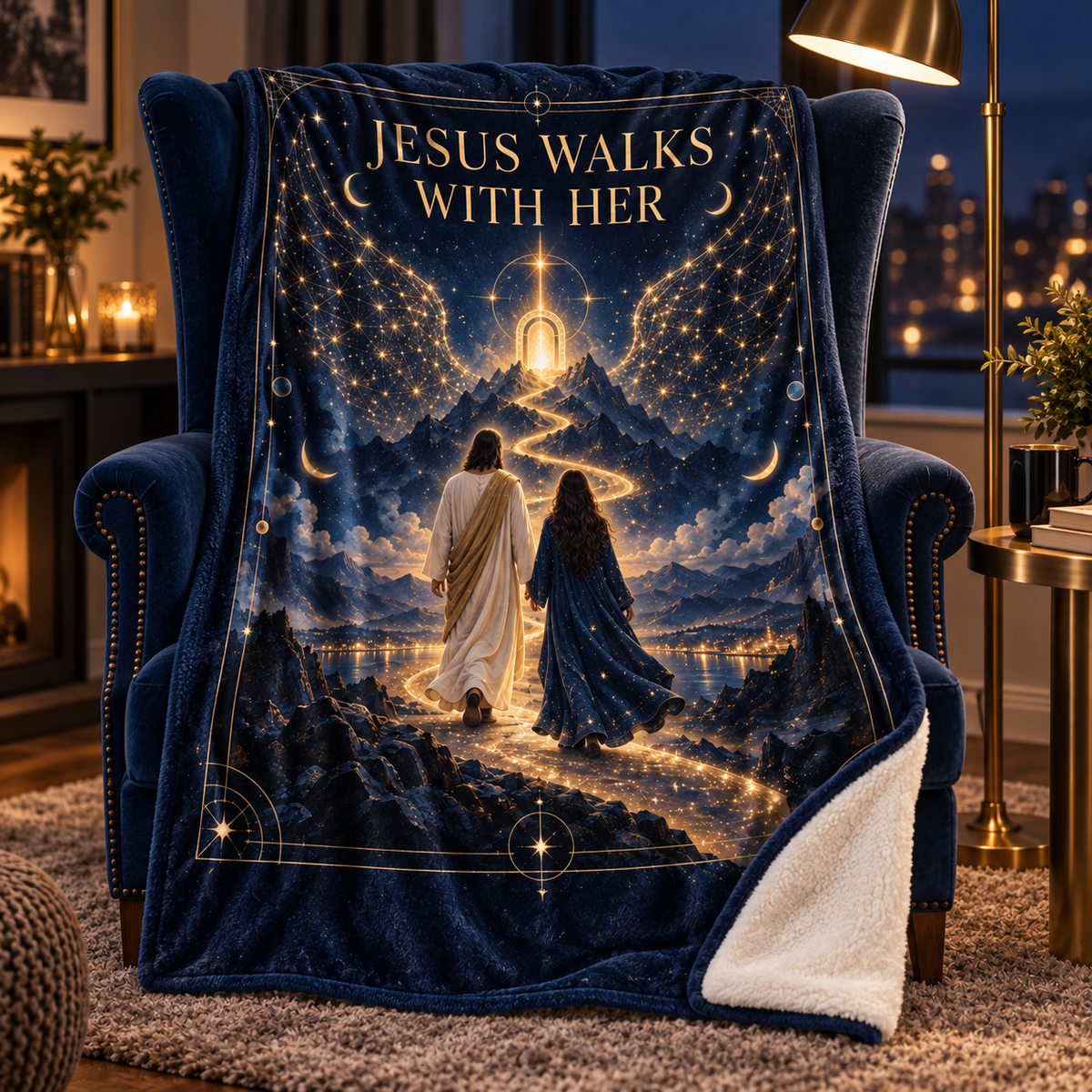 Jesus Walks With Her – Celestial Night Christian Blanket